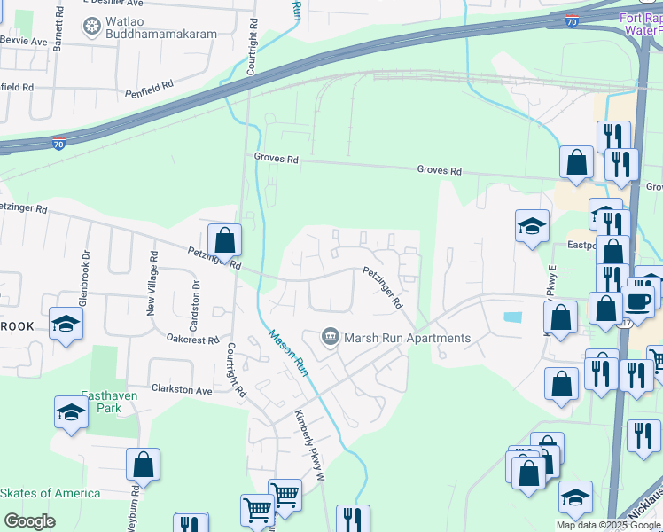 map of restaurants, bars, coffee shops, grocery stores, and more near 3692 Petzinger Road in Columbus