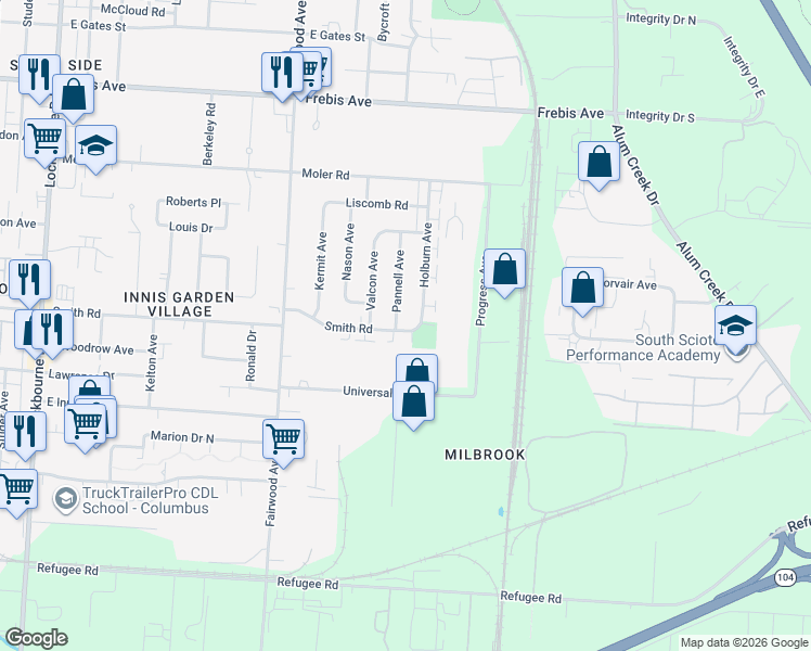 map of restaurants, bars, coffee shops, grocery stores, and more near 1696 Smith Road in Columbus