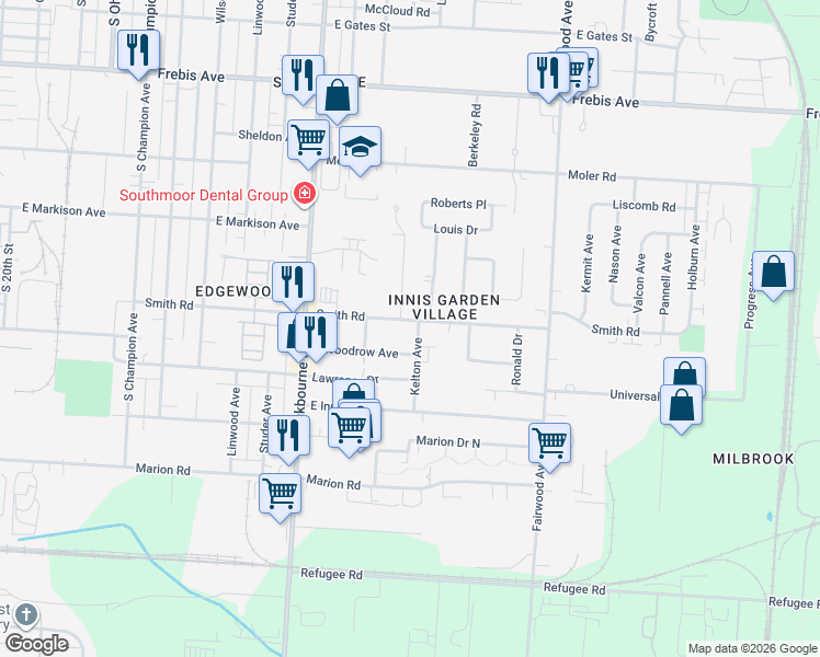 map of restaurants, bars, coffee shops, grocery stores, and more near 1225 Smith Road in Columbus