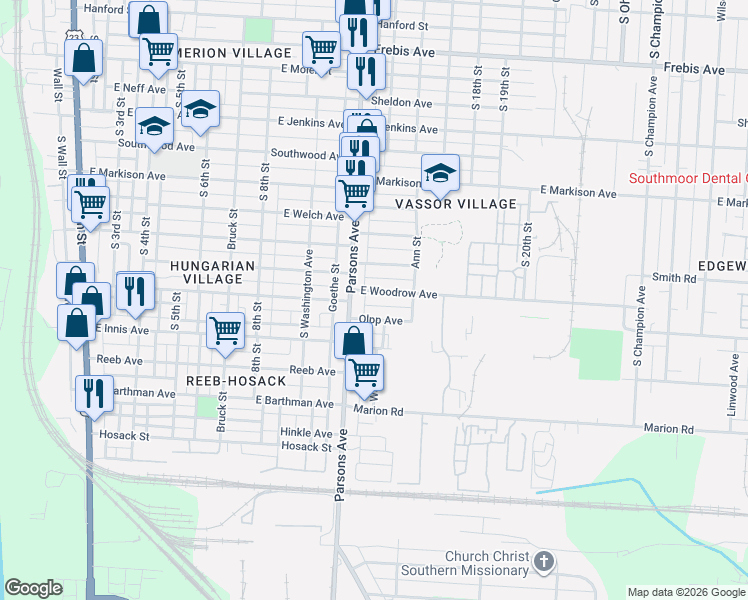 map of restaurants, bars, coffee shops, grocery stores, and more near 460 Olpp Avenue in Columbus