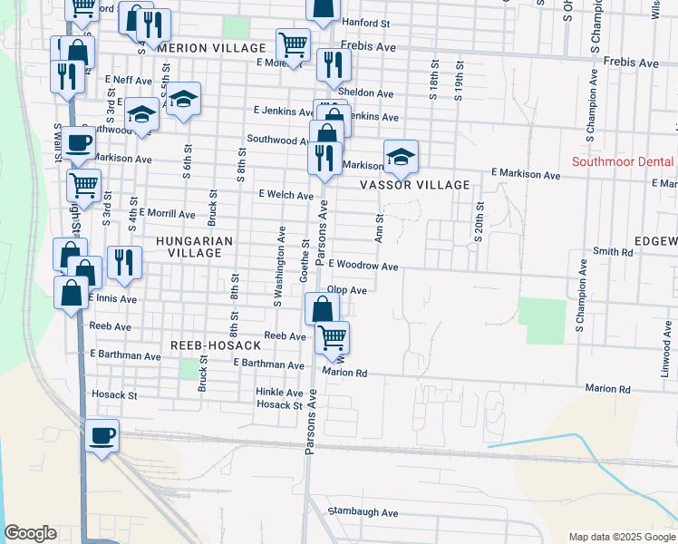 map of restaurants, bars, coffee shops, grocery stores, and more near 460 Olpp Avenue in Columbus