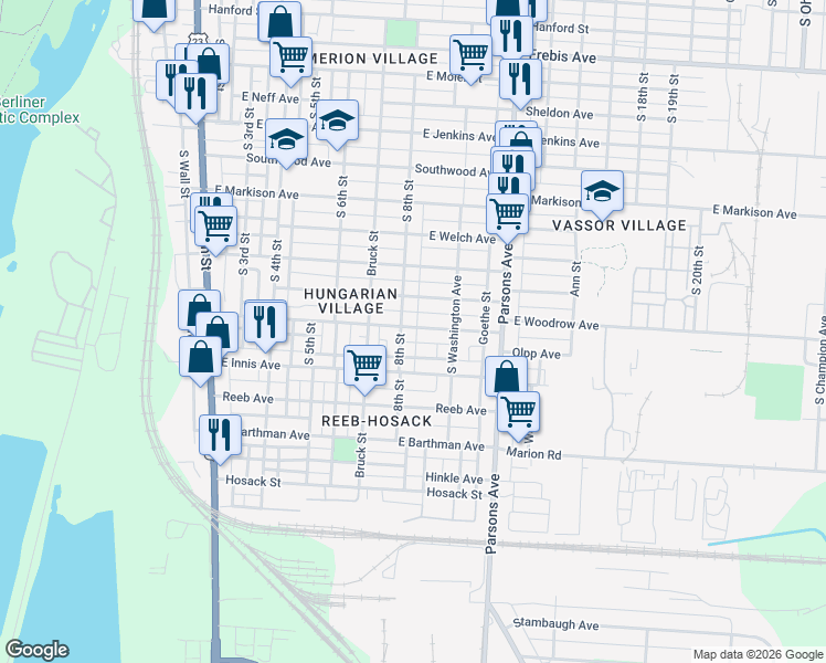 map of restaurants, bars, coffee shops, grocery stores, and more near 299 East Woodrow Avenue in Columbus
