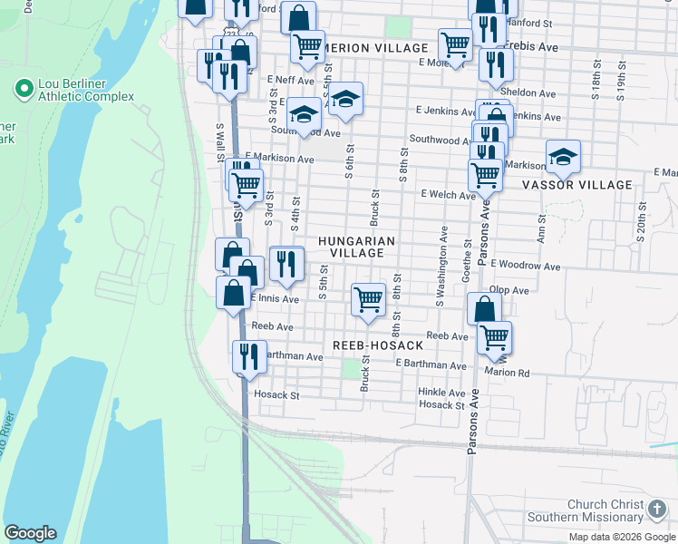 map of restaurants, bars, coffee shops, grocery stores, and more near 1738 South 6th Street in Columbus