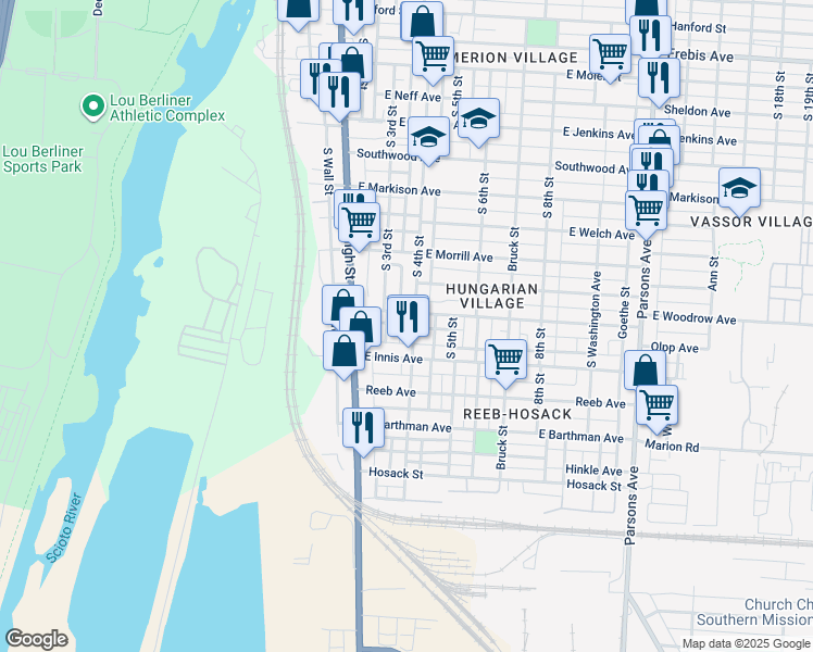 map of restaurants, bars, coffee shops, grocery stores, and more near 1725 South 4th Street in Columbus