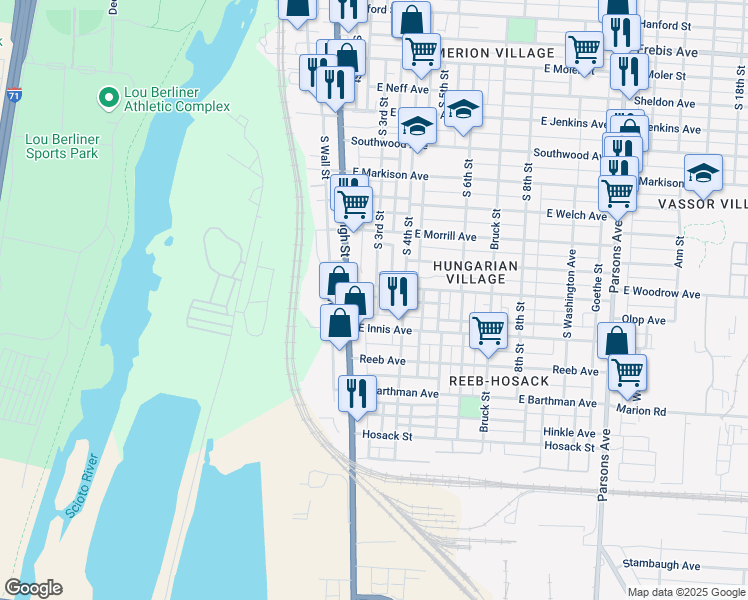 map of restaurants, bars, coffee shops, grocery stores, and more near 1704 South Pearl Street in Columbus