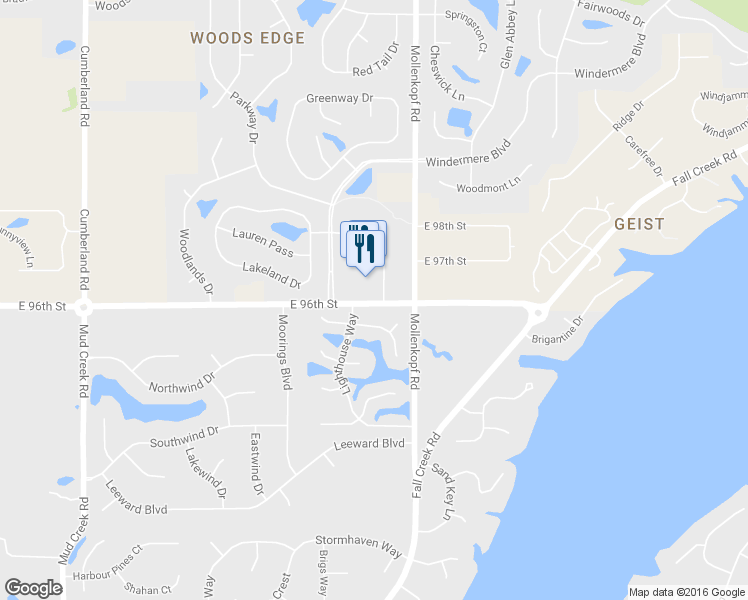 map of restaurants, bars, coffee shops, grocery stores, and more near 10219 East 96th Street in Indianapolis