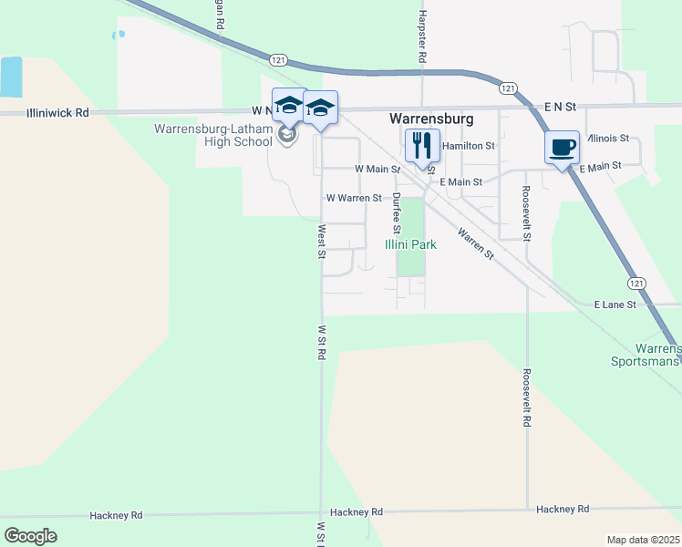 map of restaurants, bars, coffee shops, grocery stores, and more near 351 Southland Court in Warrensburg