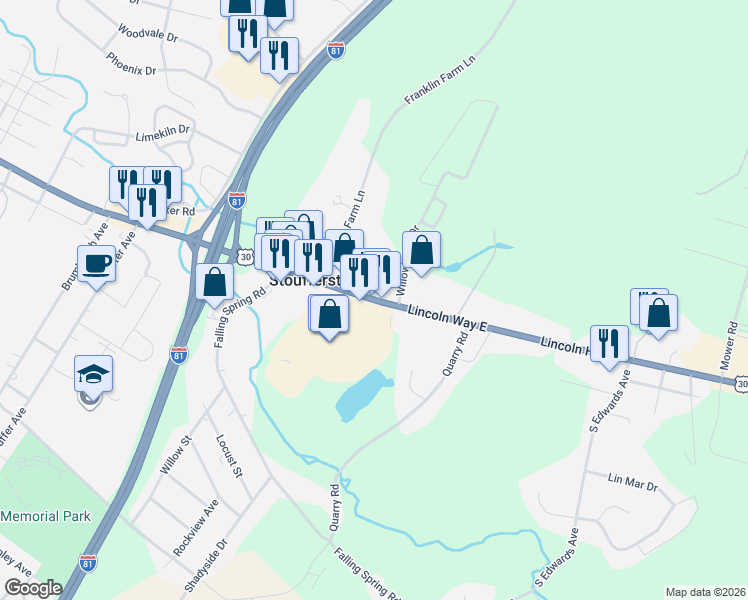 map of restaurants, bars, coffee shops, grocery stores, and more near 1330 Lincoln Way East in Chambersburg