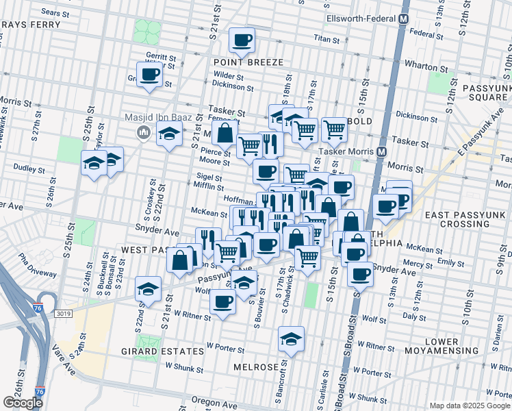 map of restaurants, bars, coffee shops, grocery stores, and more near 1824 Hoffman Street in Philadelphia