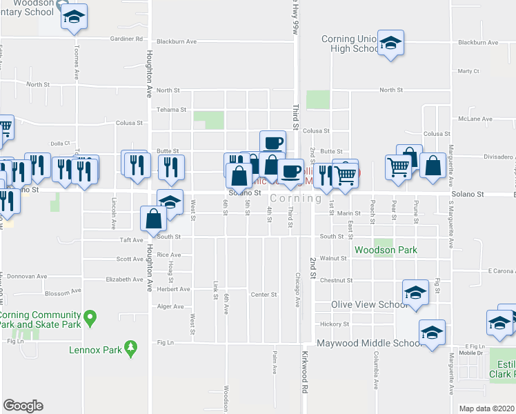 map of restaurants, bars, coffee shops, grocery stores, and more near 1214 Marin Street in Corning