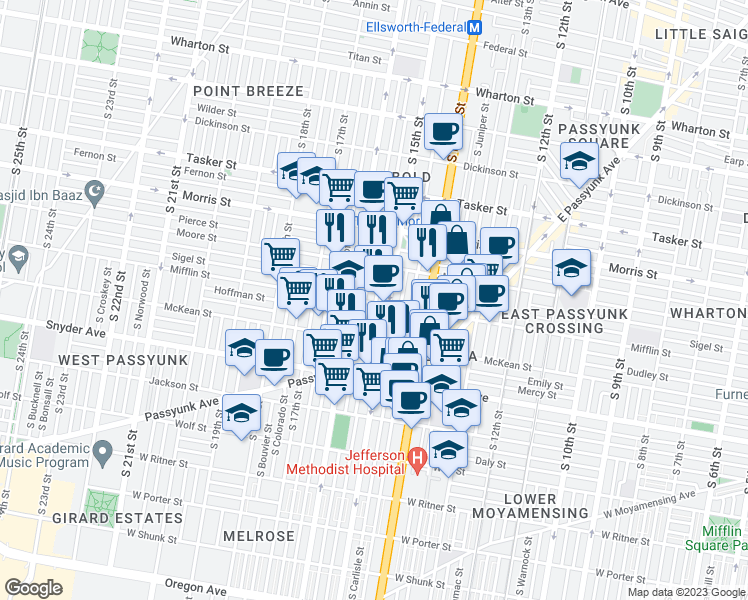 map of restaurants, bars, coffee shops, grocery stores, and more near 1509 Mifflin Street in Philadelphia