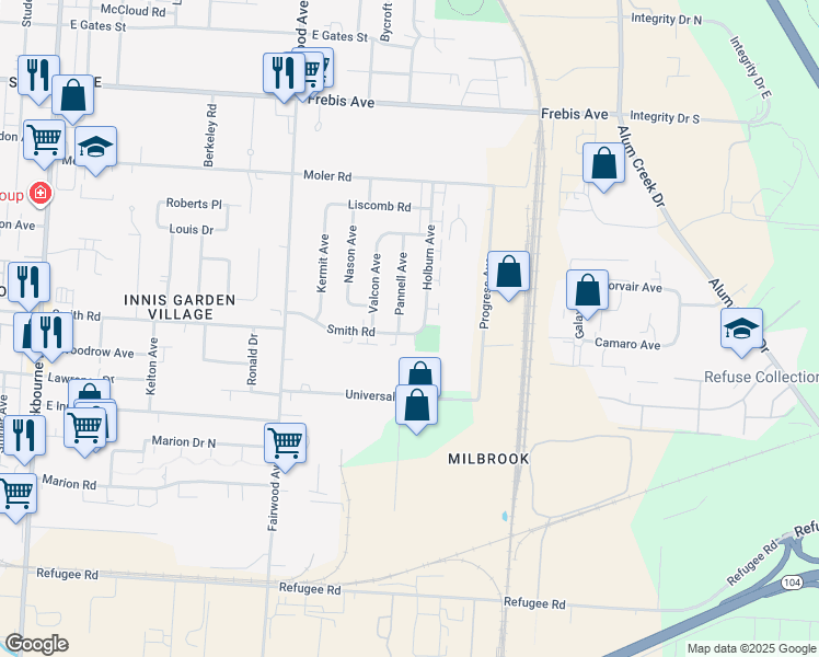 map of restaurants, bars, coffee shops, grocery stores, and more near 1696 Smith Road in Columbus