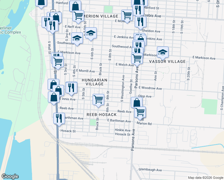 map of restaurants, bars, coffee shops, grocery stores, and more near 299 East Woodrow Avenue in Columbus