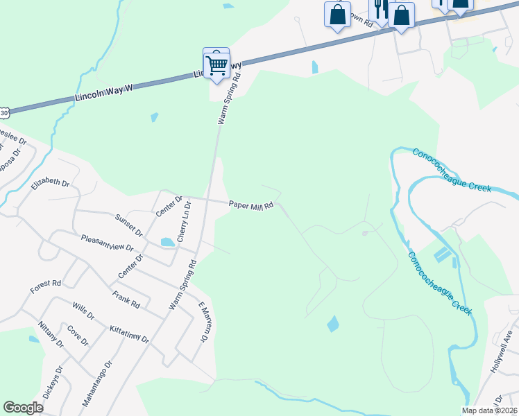 map of restaurants, bars, coffee shops, grocery stores, and more near 1076 Paper Mill Road in Chambersburg