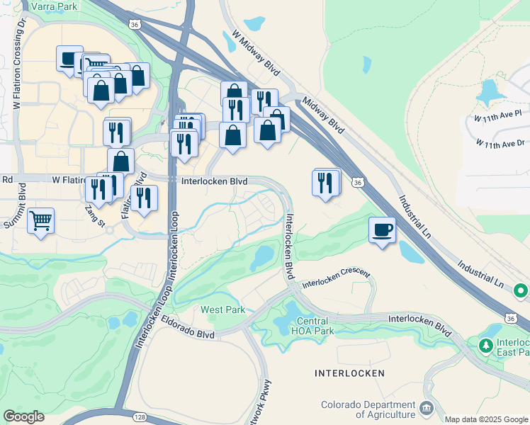 map of restaurants, bars, coffee shops, grocery stores, and more near 485 Interlocken Boulevard in Broomfield