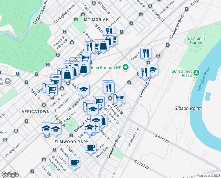 map of restaurants, bars, coffee shops, grocery stores, and more near 2435 South Millick Street in Philadelphia