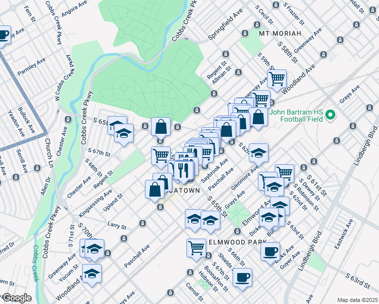 map of restaurants, bars, coffee shops, grocery stores, and more near 2100 South 64th Street in Philadelphia