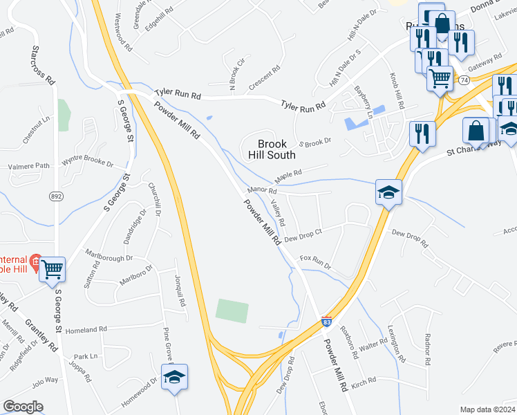 map of restaurants, bars, coffee shops, grocery stores, and more near 1737 Powder Mill Road in York