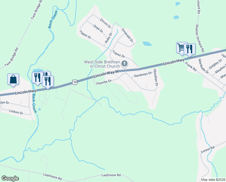 map of restaurants, bars, coffee shops, grocery stores, and more near 50 Diopside Drive in Chambersburg