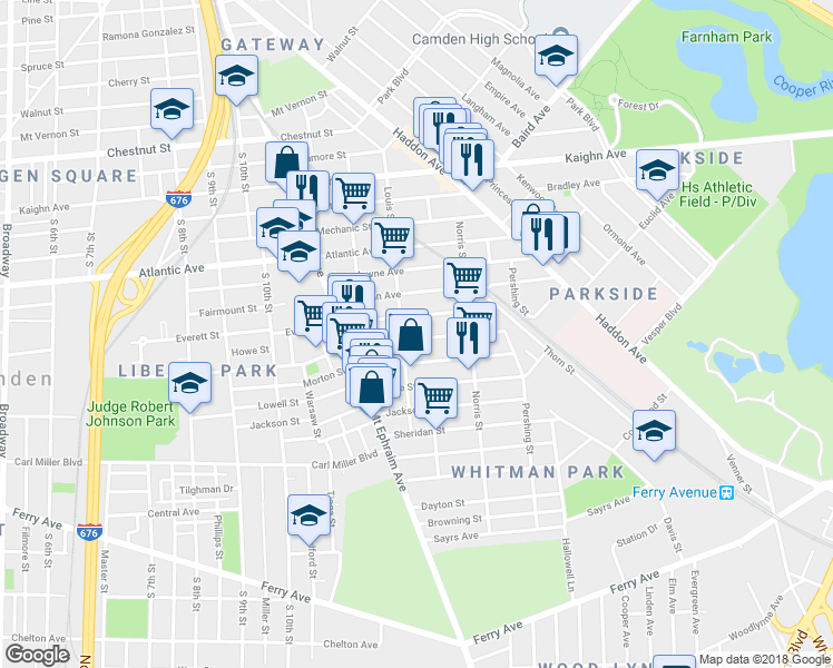 map of restaurants, bars, coffee shops, grocery stores, and more near 1217 Thurman Street in Camden