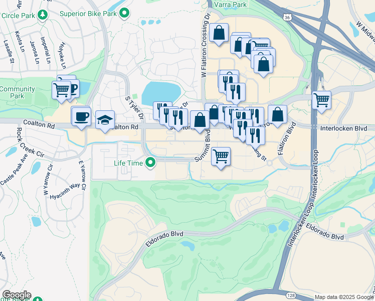 map of restaurants, bars, coffee shops, grocery stores, and more near 501 Summit Boulevard in Broomfield