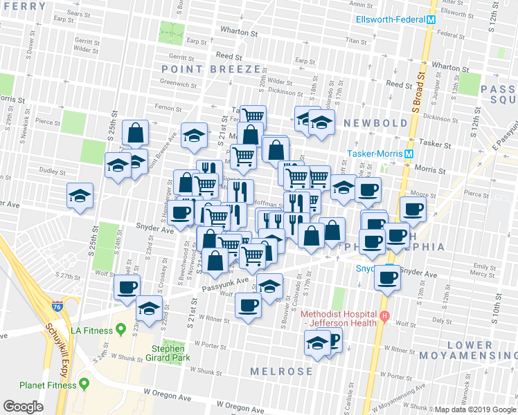 map of restaurants, bars, coffee shops, grocery stores, and more near 1913 Dudley Street in Philadelphia