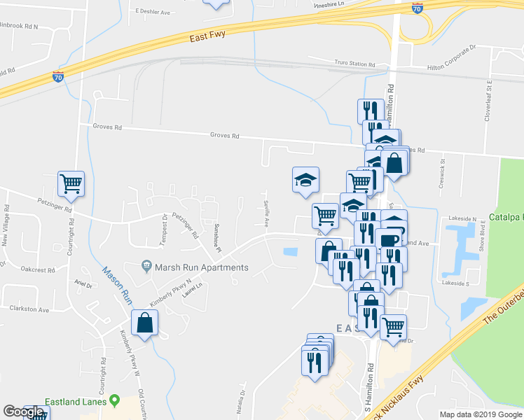 map of restaurants, bars, coffee shops, grocery stores, and more near 4117 Alvada Lane in Columbus