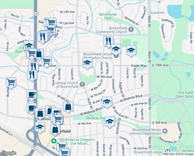 map of restaurants, bars, coffee shops, grocery stores, and more near 894 Hemlock Way in Broomfield
