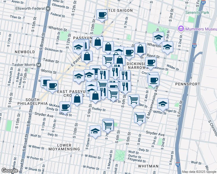 map of restaurants, bars, coffee shops, grocery stores, and more near 729 Pierce Street in Philadelphia
