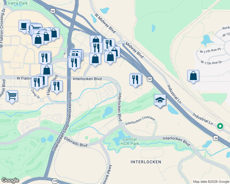 map of restaurants, bars, coffee shops, grocery stores, and more near 483 Interlocken Boulevard in Broomfield