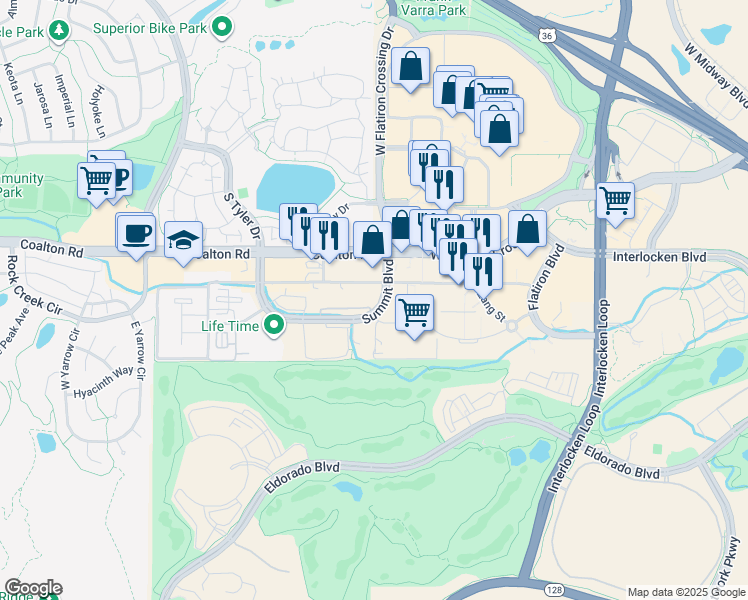 map of restaurants, bars, coffee shops, grocery stores, and more near 501 Summit Boulevard in Broomfield
