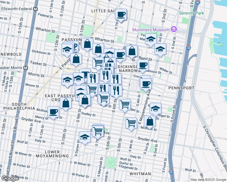 map of restaurants, bars, coffee shops, grocery stores, and more near 602 Watkins Street in Philadelphia