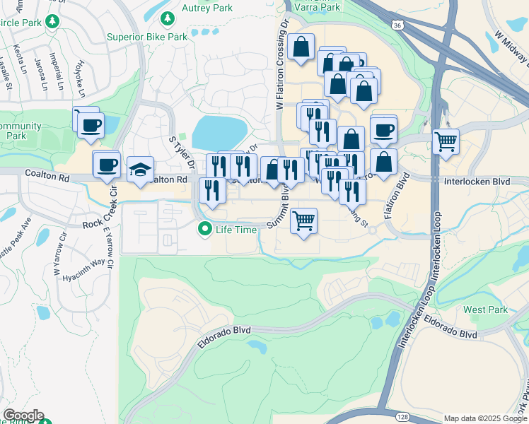 map of restaurants, bars, coffee shops, grocery stores, and more near 501 Summit Boulevard in Broomfield