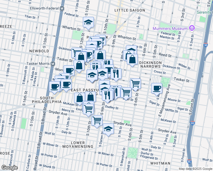 map of restaurants, bars, coffee shops, grocery stores, and more near 1740 South 9th Street in Philadelphia