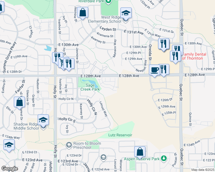 map of restaurants, bars, coffee shops, grocery stores, and more near 12753 Leyden Street in Thornton