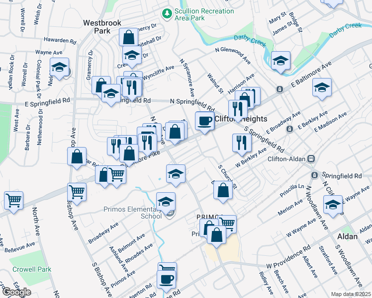 map of restaurants, bars, coffee shops, grocery stores, and more near 233 Cambridge Road in Clifton Heights