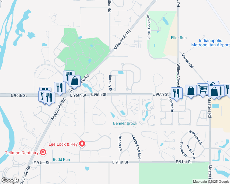 map of restaurants, bars, coffee shops, grocery stores, and more near 9612 Alexander Lane in Fishers