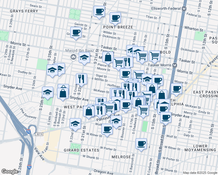 map of restaurants, bars, coffee shops, grocery stores, and more near 1929 Dudley Street in Philadelphia