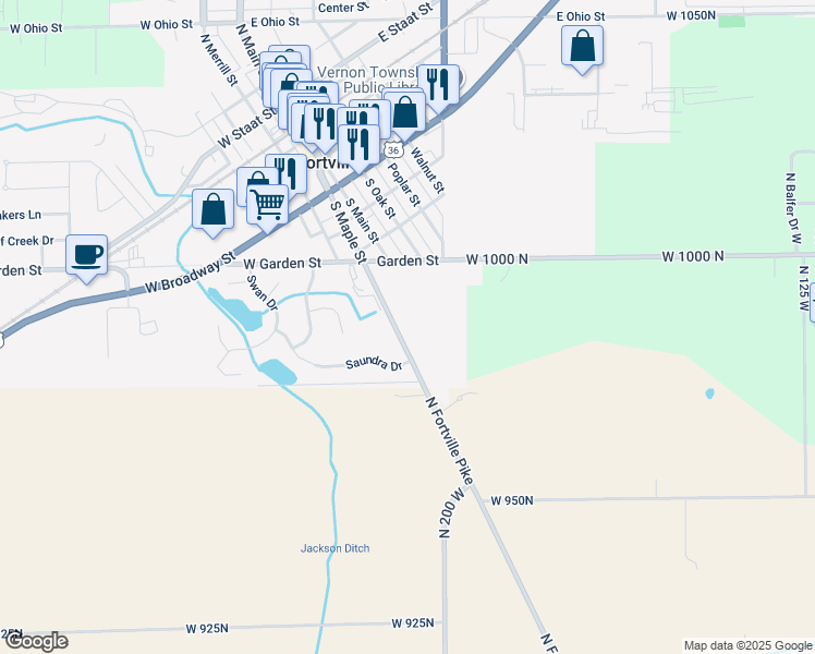 map of restaurants, bars, coffee shops, grocery stores, and more near 905 South Maple Street in Fortville