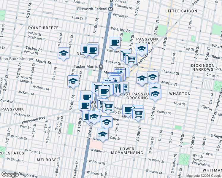 map of restaurants, bars, coffee shops, grocery stores, and more near 1831 East Passyunk Avenue in Philadelphia