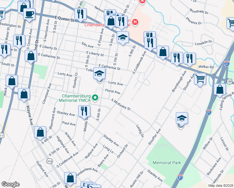 map of restaurants, bars, coffee shops, grocery stores, and more near 523 South Coldbrook Avenue in Chambersburg