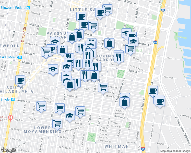 map of restaurants, bars, coffee shops, grocery stores, and more near 1708 South 6th Street in Philadelphia
