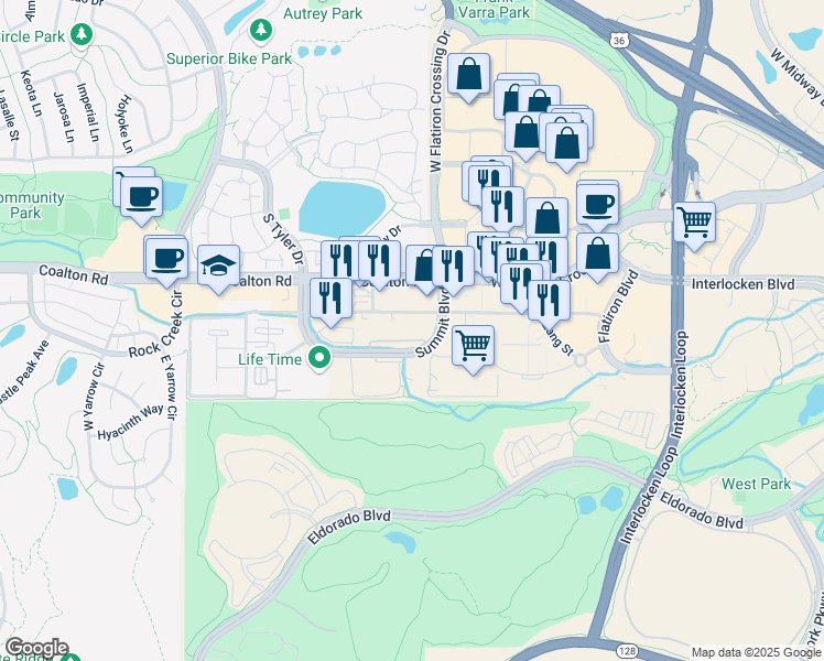map of restaurants, bars, coffee shops, grocery stores, and more near 501 Summit Boulevard in Broomfield