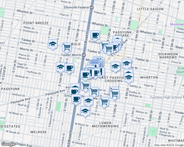 map of restaurants, bars, coffee shops, grocery stores, and more near 1831 East Passyunk Avenue in Philadelphia
