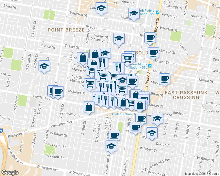 map of restaurants, bars, coffee shops, grocery stores, and more near in Philadelphia