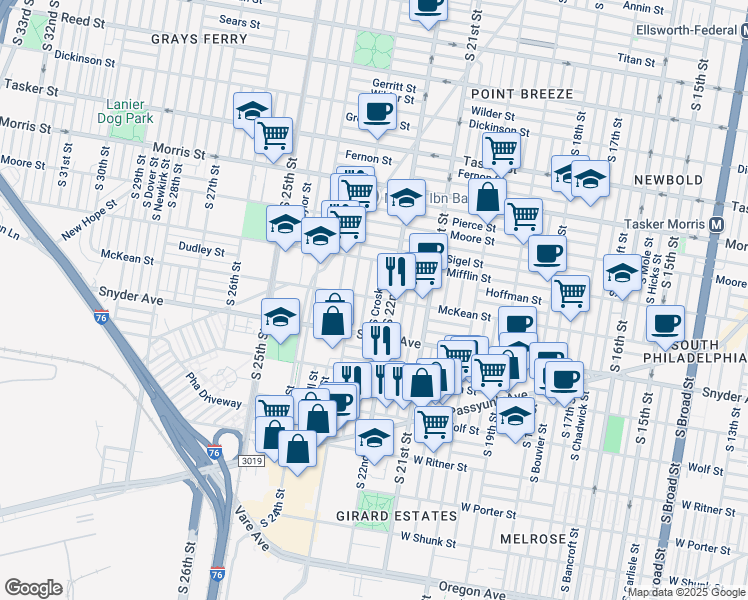 map of restaurants, bars, coffee shops, grocery stores, and more near 2013 South Croskey Street in Philadelphia