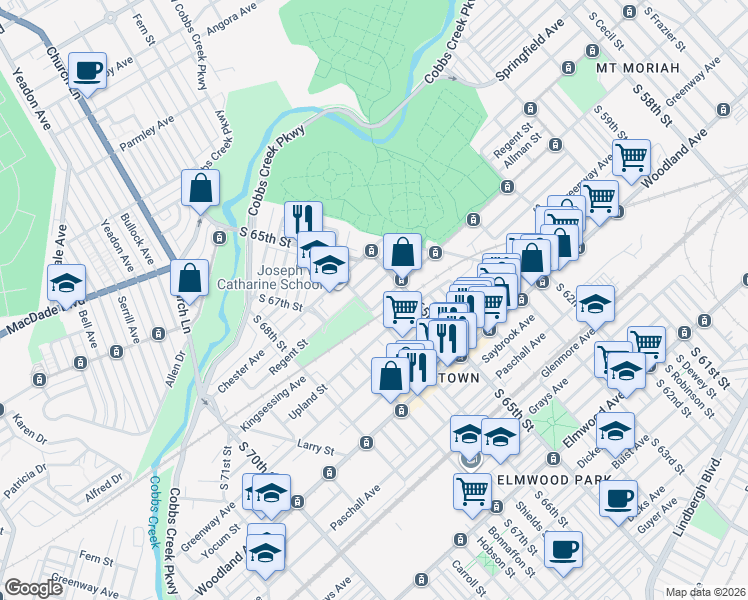 map of restaurants, bars, coffee shops, grocery stores, and more near 6553 Kingsessing Avenue in Philadelphia