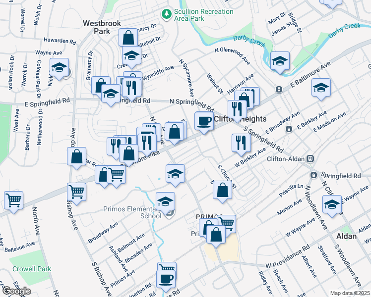 map of restaurants, bars, coffee shops, grocery stores, and more near 233 Cambridge Road in Clifton Heights