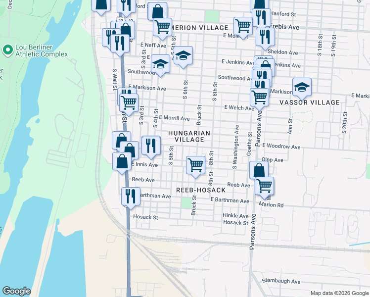 map of restaurants, bars, coffee shops, grocery stores, and more near 1738 South 6th Street in Columbus