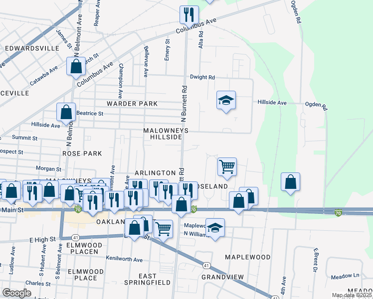 map of restaurants, bars, coffee shops, grocery stores, and more near 408 North Burnett Road in Springfield